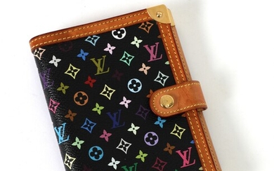NOT SOLD. Louis Vuitton: An "Agenda cover" made of black multicolor coated canvas with brown...