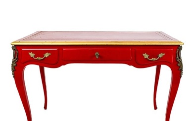 Louis XV-Style Red Lacquer Bureau Plat & Bergere