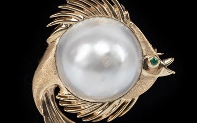 MABE PEARL 14K YELLOW GOLD & EMERALD FISH BROOCH