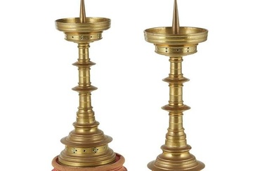 MANNER OF JAMES BROOKS PAIR OF GOTHIC REVIVAL CANDLESTICKS, CIRCA 1880