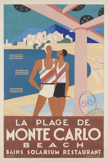 MICHEL BOUCHAUD (DATES UNKNOWN) LA PLAGE DE MONTE CARLO. 1929. 47x31 1/2 inches,...