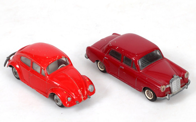 MODEL CARS, 2 pcs, sheet metal, Volkswagen 120/Mercedes-Benz 180. No. 819/723, Tekno Toys, Denmark. With original box.