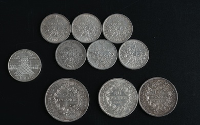 MONNAIES d'ARGENT (10) : 1 x 50 francs Hercule ; 2 x 10 francs Hercule...