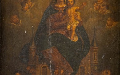 Madonna with a Child, seated on a castle supported by Angels, oil on panel. 18th C. (W:32 x H:45,5
