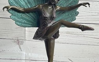 Magical Peacock Dancer Girl Designed Art Deco Bronze Sculpture by Pelliers on Marble Base