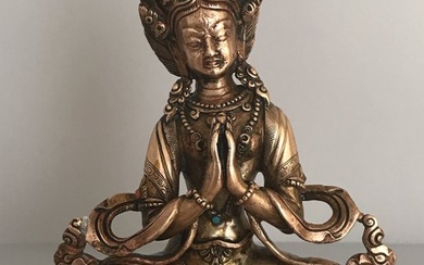 Magnifique statuette de Bodhissatva Guan Yin en position de añjali-mudrã - Tibet / Népal 1ère - Bronze - Nepal (No Reserve Price)