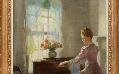 Marguerite Stuber Pearson (American/Massachusetts, 1898-1978) , "Woman Playing Piano", oil on
