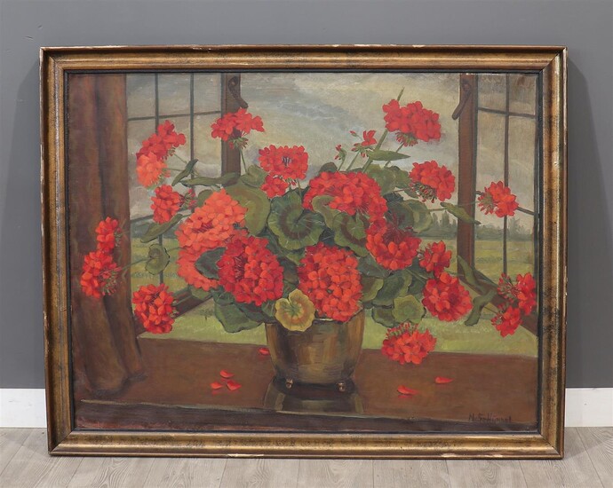 Maria Louisa van Schijndel (1914-1983), gesign. r.o., bloemen in venster, olieverf op...
