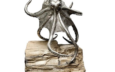 Mario Buccellati Italian 800 Silver Octopus Figure on Fossilized Wood c. 1970