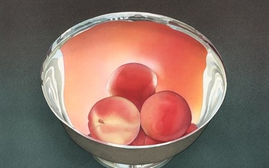 Mark Adams Lithograph Peaches in Silver Bowl 1993