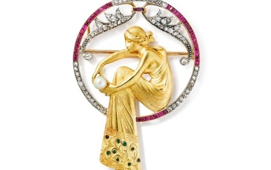 Masriera | Broche rubis, émeraudes, perle et diamants | Ruby, emerald, pearl and diamond brooch