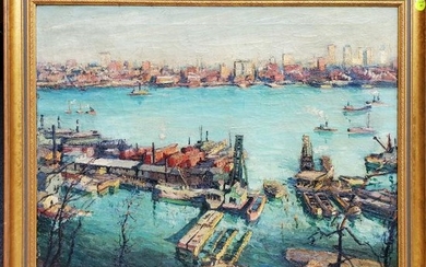 Max Kuehne Oil on Canvas New York Harbor