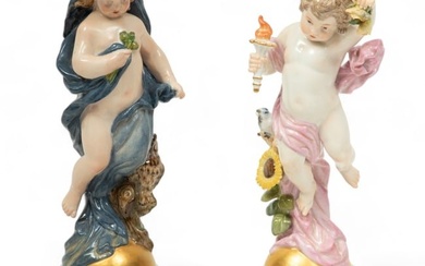 Meissen (German) Painted Porcelain Statuettes, Allegories of Day And Night, Ca. 1880, H 7" W 3"