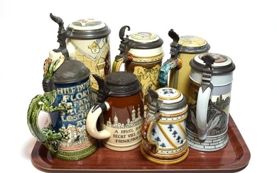 Mettlach steins including St George with a shaped dragon handle...