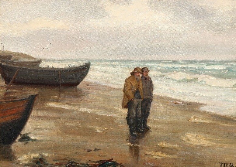 Michael Ancher: A couple of fishermen on the beach. Signed M. A. Oil on canvas. 46×63.5 cm.