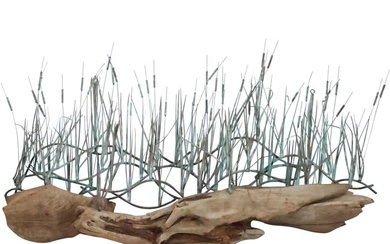 Mid-Century Modern Large Sculpture Brass Metal Cattails Mounted on Driftwood Base 42 in. length