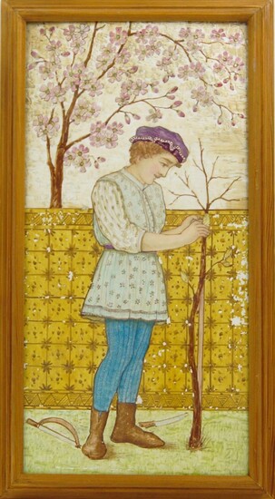 Minton, Hollins & Co. Aesthetic Movement painted tile depicting a gardener, 1881, Glazed earthenware, Painted date and signature 'J Brooke' left of boot. Verso impressed 'MINTON HOLLINS & CO STOKE ON TRENT', Tile size 40 x 19.5cm, frame size 44.5 x...