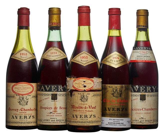 Mixed Avery, Avery, Moulin a Vent, Grand Clos de Rochegres 1953 French bottled, Avery label, worn capsule, bin-soiled, damaged, and pen-marked label Level 3.5cm (1) Avery, Gevrey Chambertin, Lavaux 1953 French bottled, Avery label, damaged capsule...