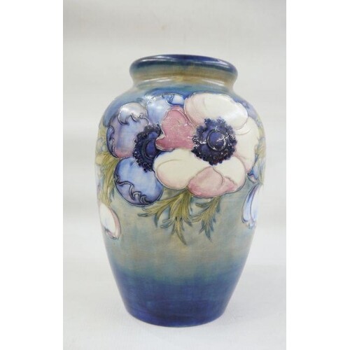 Moorcroft pottery vase, baluster form, light blue ground, an...