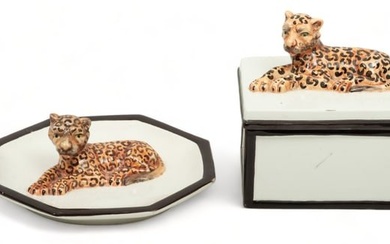 Mottahedeh (Italy) Italian Glazed Ceramic Covered Box & Dish, Recumbent Leopards, H 6" W 5.5" Depth