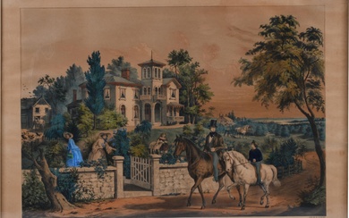 NATHANIEL CURRIER AFTER FRANCES "FANNY" PALMER, AMERICAN, NEW YORK, MASSACHUSETTS 19TH CENTURY, AMERICAN COUNTRY LIFE, MAY MORNING, Hand-colored lithograph, Sight: 20 x 27 1/2 in. (50.8 x 69.9 cm.), Frame: 24 1/2 x 31 in