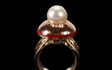 Navajo Gold, Coral & Pearl Ring attributed to Vernon