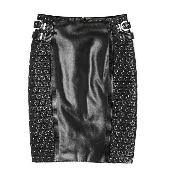 New VERSACE Studded Black Leather Moto Pencil Skirt