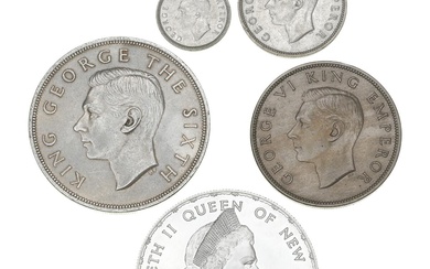 New Zealand, 3 Pence 1941, 1 Shilling 1946, Crown 1947 og 1949,...