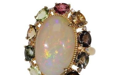 No Reserve Price - IGI Certified 5.18 ct Opal 3.62 ct Tourmaline & 0.12 ct Diamond - 14 kt. Gold - Ring Opal