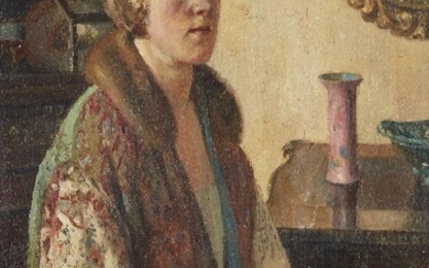 Nora Lucy Mowbray Cundell, British 1889-1948 - The Embroidered Coat; oil on panel, signed lower right 'NLW Cundell', 41 x 30.5 cm Provenance: The Art Exhibitions Bureau, London (according to the label attached to the reverse)