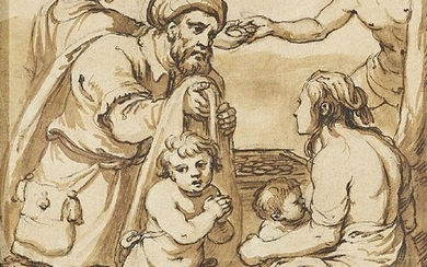 North Italian School, 18th Century- Mother and child with a beggar in a market place; pencil, pen and brown ink, and wash on paper, numbered 'No 17' (lower left), 17.2 x 13.8 cm.