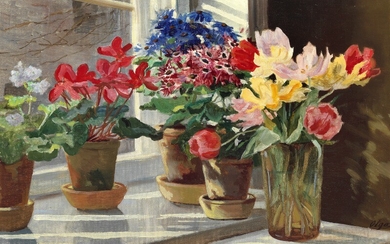 Olga Alexandrovna: Colourful flowers in the windowsill at Knudsminde. Signed Olga. Oil on canvas. 32×47 cm.