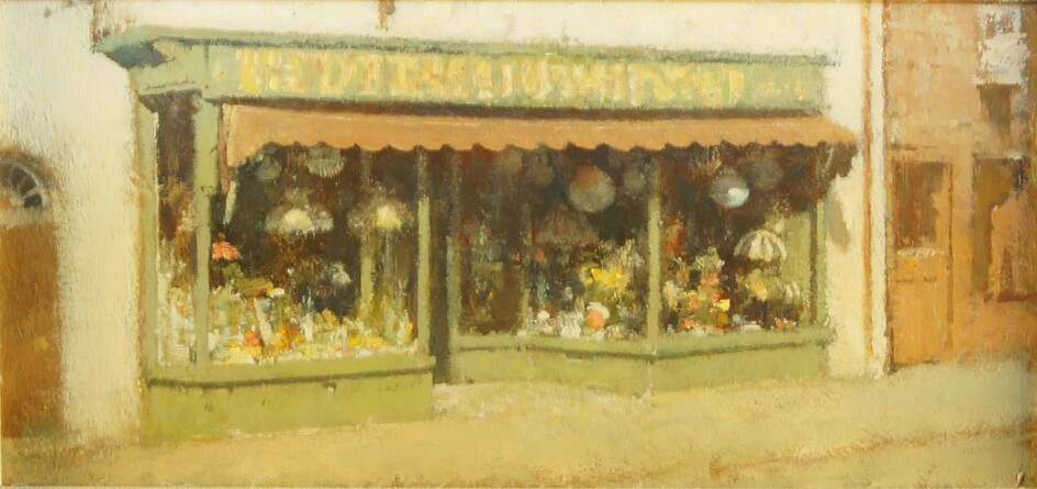 Oliver Ommanney, British, 20th century- Early morning south street, Bridport; oil on board, 9.5 x 19.5 cm (ARR) Provenance: with Beaulieu Fine Arts, according to the label affixed to the reverse.