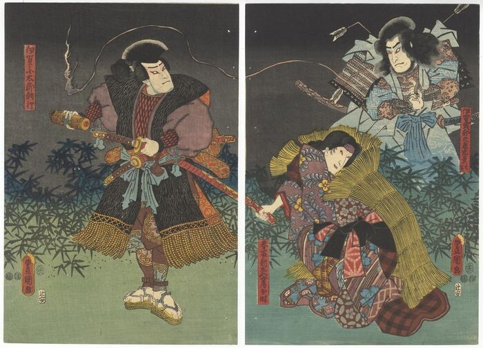 Original woodblock print diptych - Mulberry paper - Man, Kabuki - Utagawa Kunisada (1786-1865) - Scene from the kabuki play "Meiyo Jinsei Roku" 名誉人生録 - Japan - 1852 (Kaei 5)