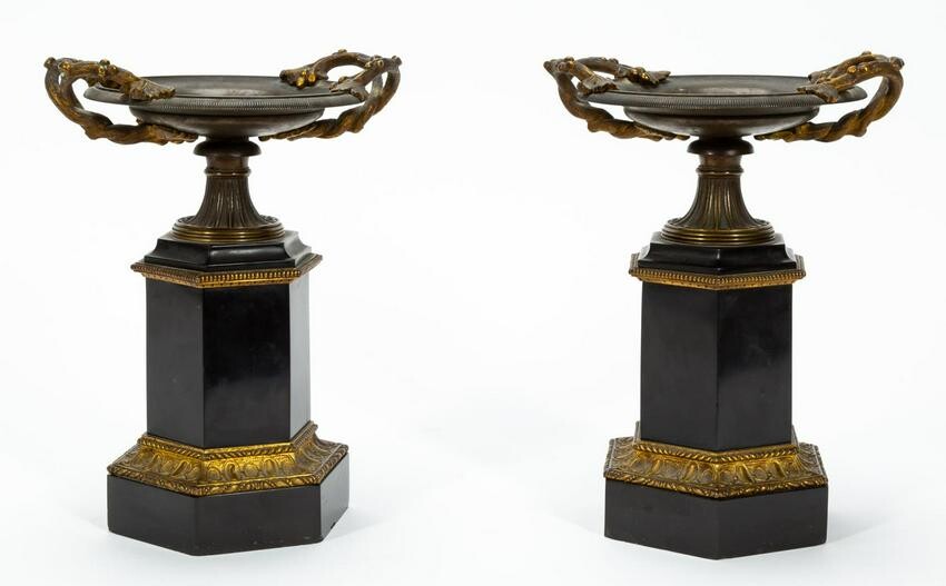 PAIR, 19TH C FRENCH BRONZE & SLATE TAZZAS