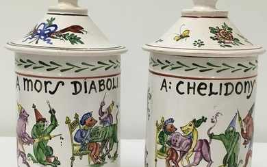 PAIR ANTIQUE FRENCH FAIENCE LIDDED CANISTERS