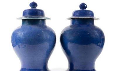 PAIR CHINESE COBALT BLUE PORCELAIN TEMPLE JARS