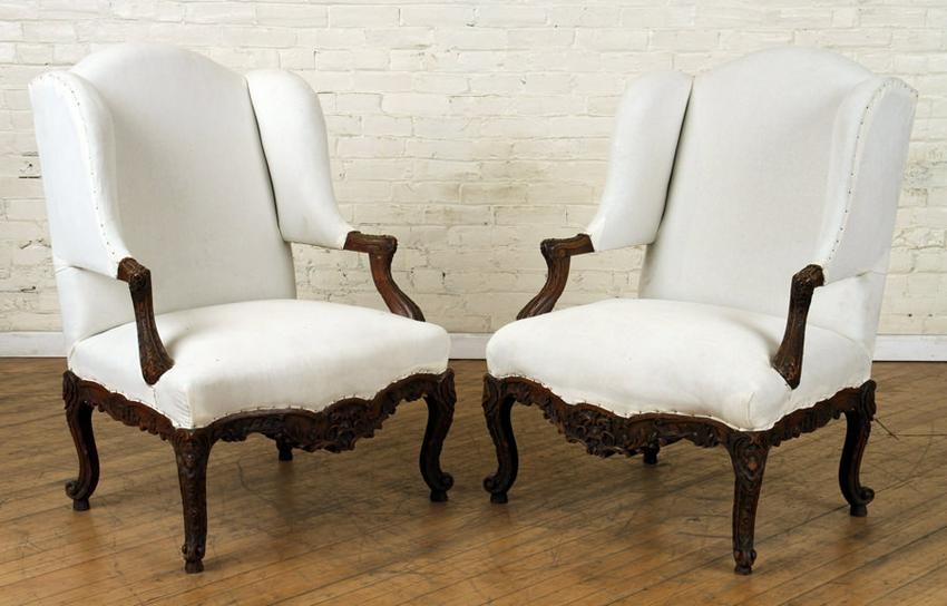 PAIR FRENCH CARVED WALNUT OPEN ARM CHAIRS C.1910