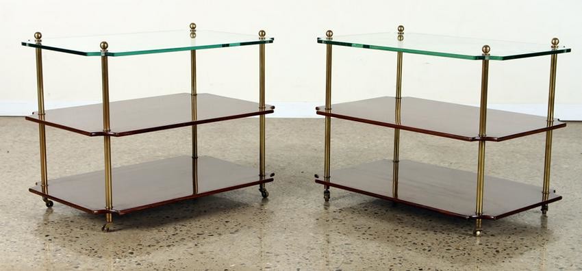 PAIR MAHOGANY 3-TIER END TABLES GLASS TOP C.1960