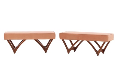 PAIR MAHOGANY AND UPHOLSTERED BENCHES IN THE MANNER OF KAGAN.