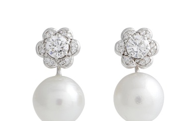 PAIR OF 18CT WHITE GOLD, SOUTH SEA PEARL AND DIAMOND EARRINGS