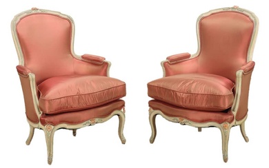 PAIR OF PAINT DECORATED LOUIS XV STYLE FRENCH BERGERE CHAIRS...