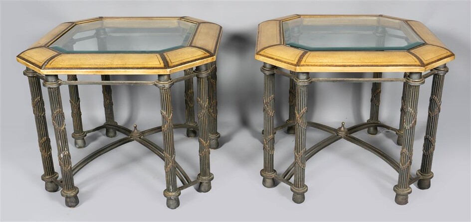 PAIR OF IMPRESSED LEATHER AND CLASSICAL STYLE OCTAGONAL IRON SIDE TABLES WITH GLASS INSERT