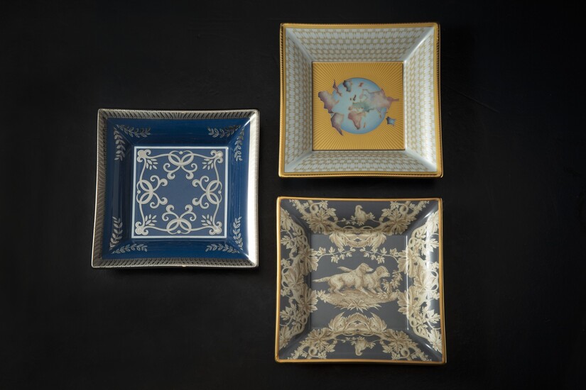 PATEK PHILIPPE, A LOT OF THREE COMMEMORATIVE LIMOGES PORCELAIN AND ENAMEL DISHES