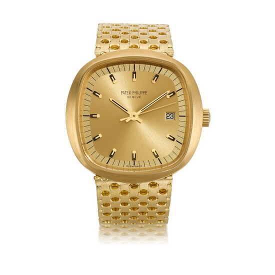 PATEK PHILIPPE | BETA 21, REF 3597/2, LARGE YELLOW GOLD CUSHION-FORM BRACELET WATCH WITH DATE MADE IN 1974