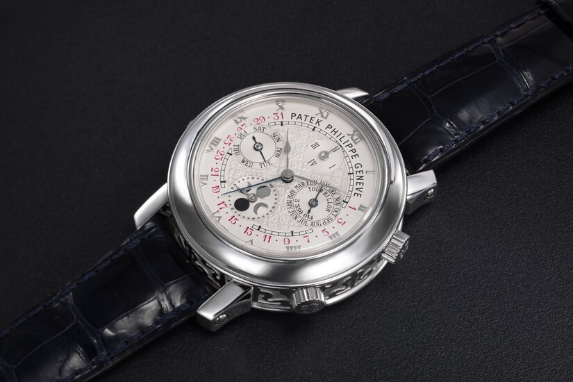 PATEK PHILIPPE, REF. 5002P-001 SKY MOON TOURBILLON, AN EXTREMELY RARE PLATINUM DOUBLE DIALED WRISTWATCH WITH 12 COMPLICATIONS