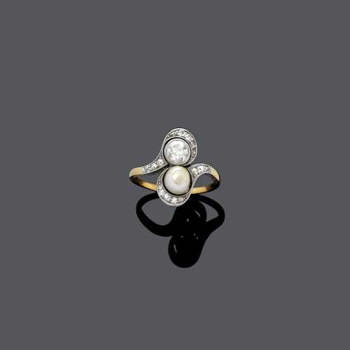 PEARL AND DIAMOND RING, ca. 1910.