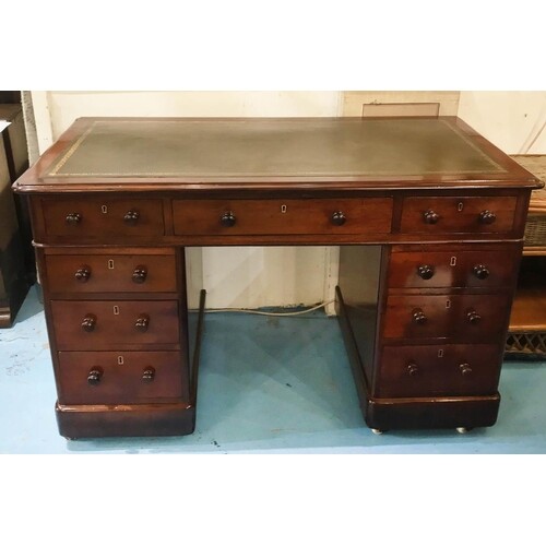PEDESTAL DESK, Victorian mahogany, with tooled green leather...