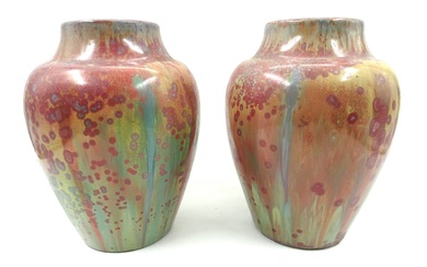 PIERREFONDS. Paire de vases en grès à glaçure cuivrée et cristallisations rouges et bleues, marqués...