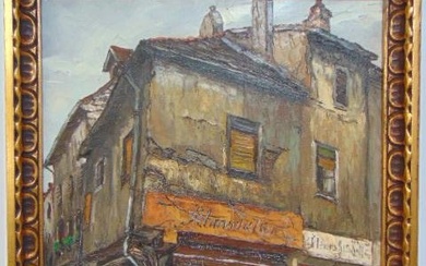 Painting, "Place St. Vincent", Andre Boyer, oil on canvas, "Salon de Levallois" label, canvas is